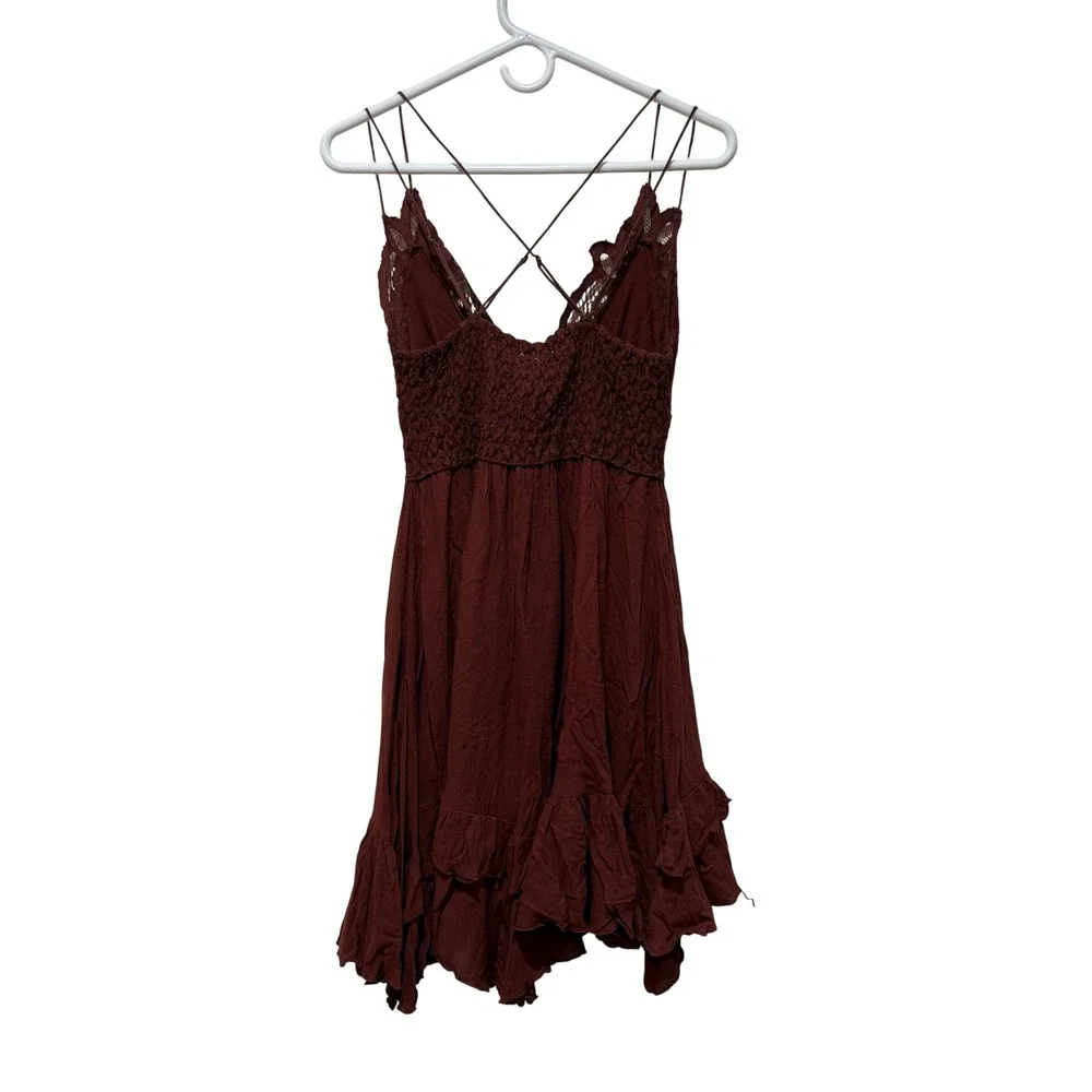 Free People FP One Adella Slip Dress Brown Lace Boho Ruffle Mini Dress Medium M